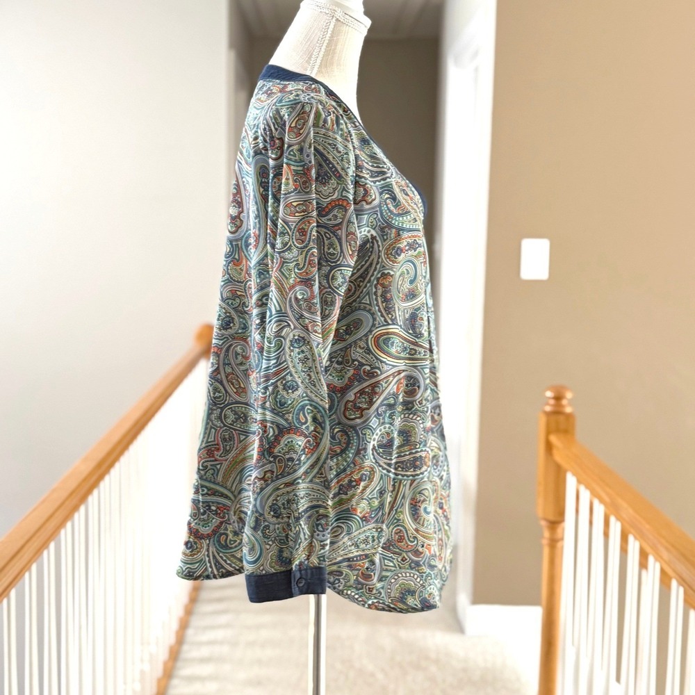 Liz Claiborne Petite‎ Paisley Split Neck Blouse Blue Orange Green PL Long Sleeve - Picture 6 of 11